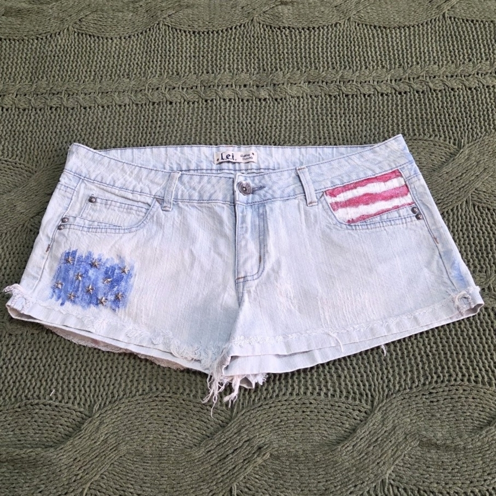 Lei Denim Shorts Lowrise Customized with Paint Patriotic American Flag